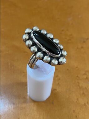 Signed Chimney Butte Native American Black Marquise Stone Sterling Beaded Halo